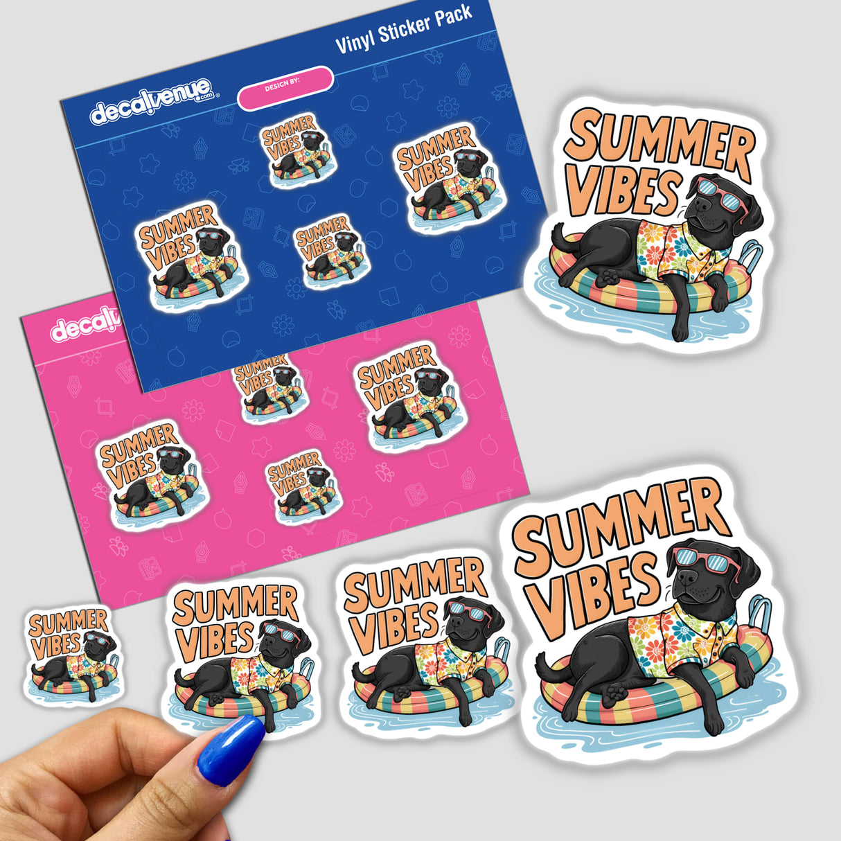 Colorful digital artwork of a black Labrador Retriever dog in a festive, summer-themed design, surrounded by tropical leaves and flowers. The product is part of a "Summer Vibes" vinyl sticker pack available on the Decal Venue online store, featuring unique stickers and digital art created by talented designers.