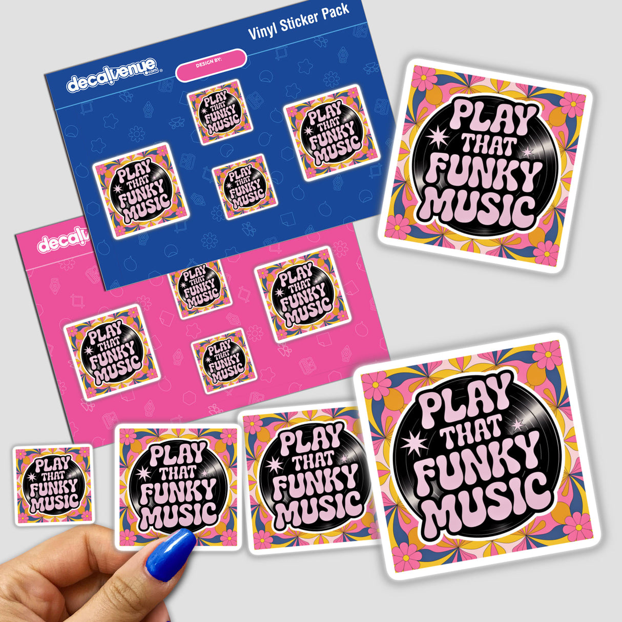 Play That Funky Music sticker pack featuring vibrant vinyl stickers with record and floral designs, held in a hand, perfect for personalizing surfaces and celebrating funk music.