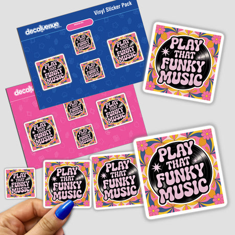 Play That Funky Music sticker pack featuring vibrant vinyl stickers with record and floral designs, held in a hand, perfect for personalizing surfaces and celebrating funk music.