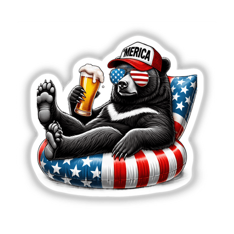 Black Bear American Flag Float Merica: Cartoon bear wearing sunglasses, holding a beer, with an American flag backdrop. Available as stickers or digital artwork from Decal Venue.