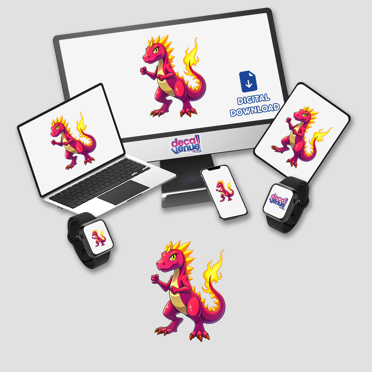 Dino Fighter - Blaze Tyranno digital artwork displayed on a monitor, laptop, phone, and smartwatch, featuring a cartoon dragon. Available as stickers or digital artwork at Decal Venue.