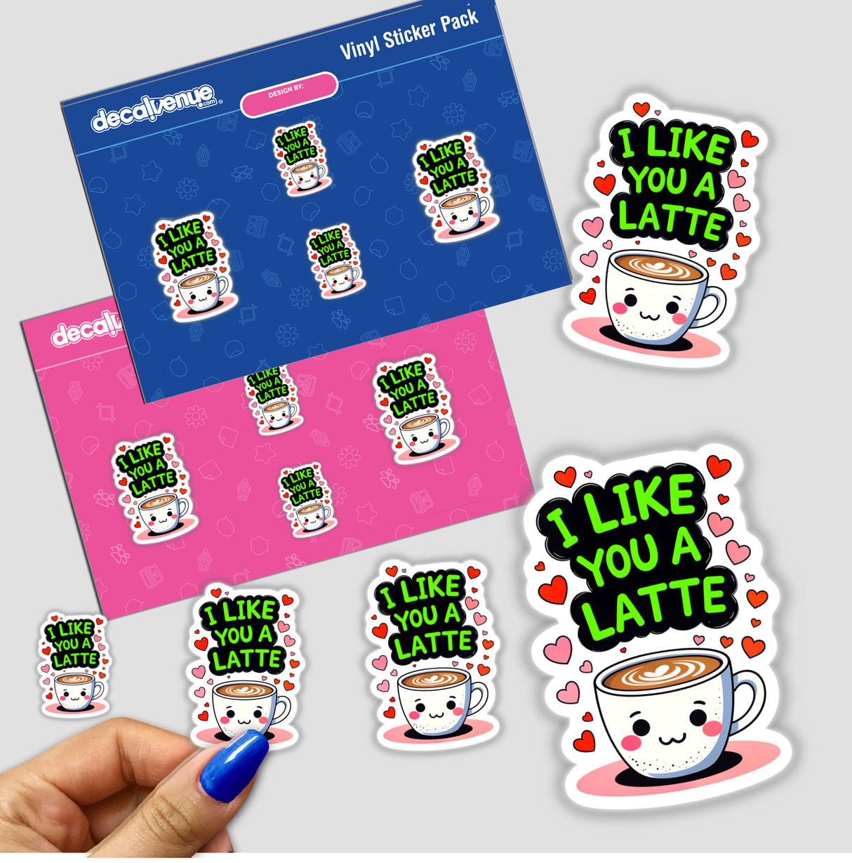 I Like You A Latte Funny Love Quote sticker pack featuring cartoon coffee cups with faces, ideal for fans of unique vinyl stickers and digital art from Decal Venue.