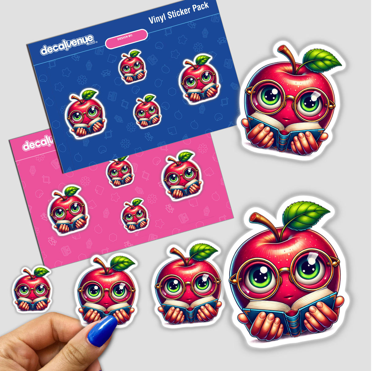 Sticker titled Apple in Reading Glasses with Book, featuring a cartoon apple character reading a book.