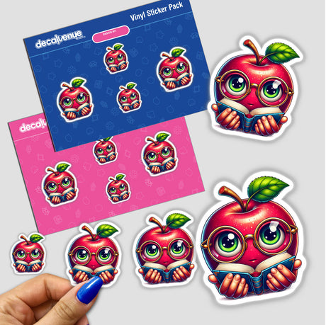 Sticker titled Apple in Reading Glasses with Book, featuring a cartoon apple character reading a book.
