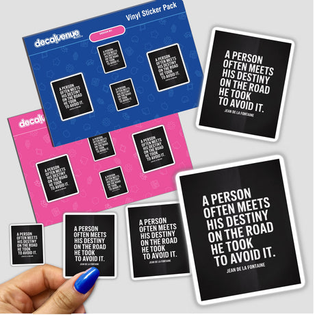 Destiny Quote Sticker or Clipart with Commercial Rights - Jean de La Fontaine Design held by a hand, showcasing its intricate typography and design, available as stickers or digital artwork.