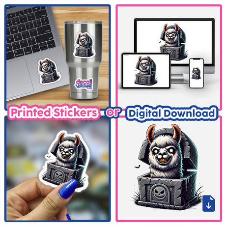 Halloween Llama Peeking Out of Tombstone - Whimsical digital artwork featuring a llama peeking out from a tombstone against a spooky backdrop, available as printed stickers or digital download at DecalVenue.