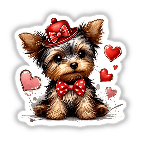 Floating Hearts Yorkie Dog sticker or digital art featuring a cartoon Yorkshire terrier wearing a red hat and bow tie, with playful heart accents. Perfect for pet lovers and collectors.