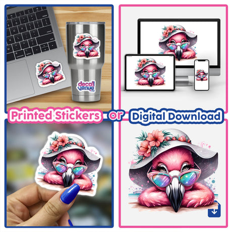 Collage featuring the Beach Flamingo Getting her Tan On design, showcasing a pink cartoon flamingo with sunglasses and hat, available as stickers or digital artwork from Decal Venue.