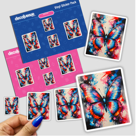 A Pretty Colorful Butterfly sticker featuring intricate butterfly designs, available as unique vinyl stickers or digital artwork from Decal Venue. A close-up shows detailed butterfly illustrations on a finger.