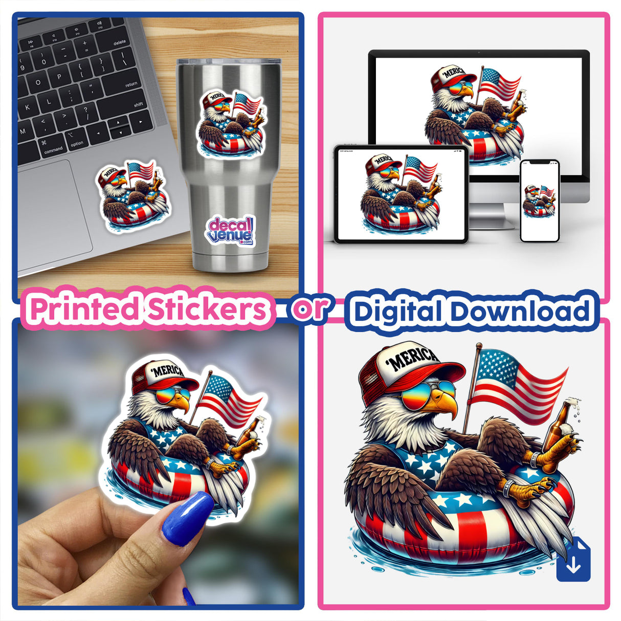 Bald Eagle American Flag Float Merica design sticker featuring an eagle in a hat and sunglasses, holding a flag and beer. Ideal for showing American pride, available at Decal Venue.