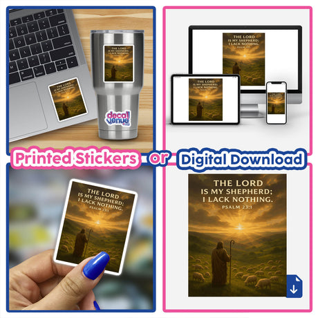 Psalm 23:1 Shepherd Sticker & Printable Wall Art featuring a serene shepherd scene under golden sunlight, with bold text The Lord is my shepherd; I lack nothing, suitable for laptops or wall decor.