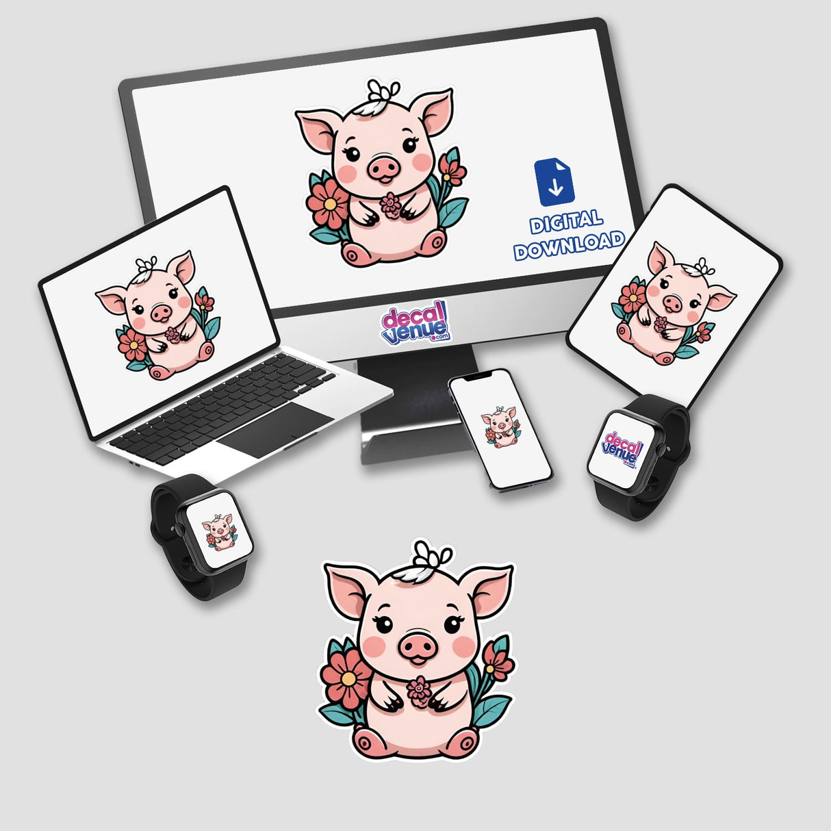 Cute cartoon pig digital artwork on various electronic devices. The pig is shown with flowers and a smiling expression, surrounded by Decal Venue branding. This vibrant and whimsical design would make an adorable sticker or digital download.