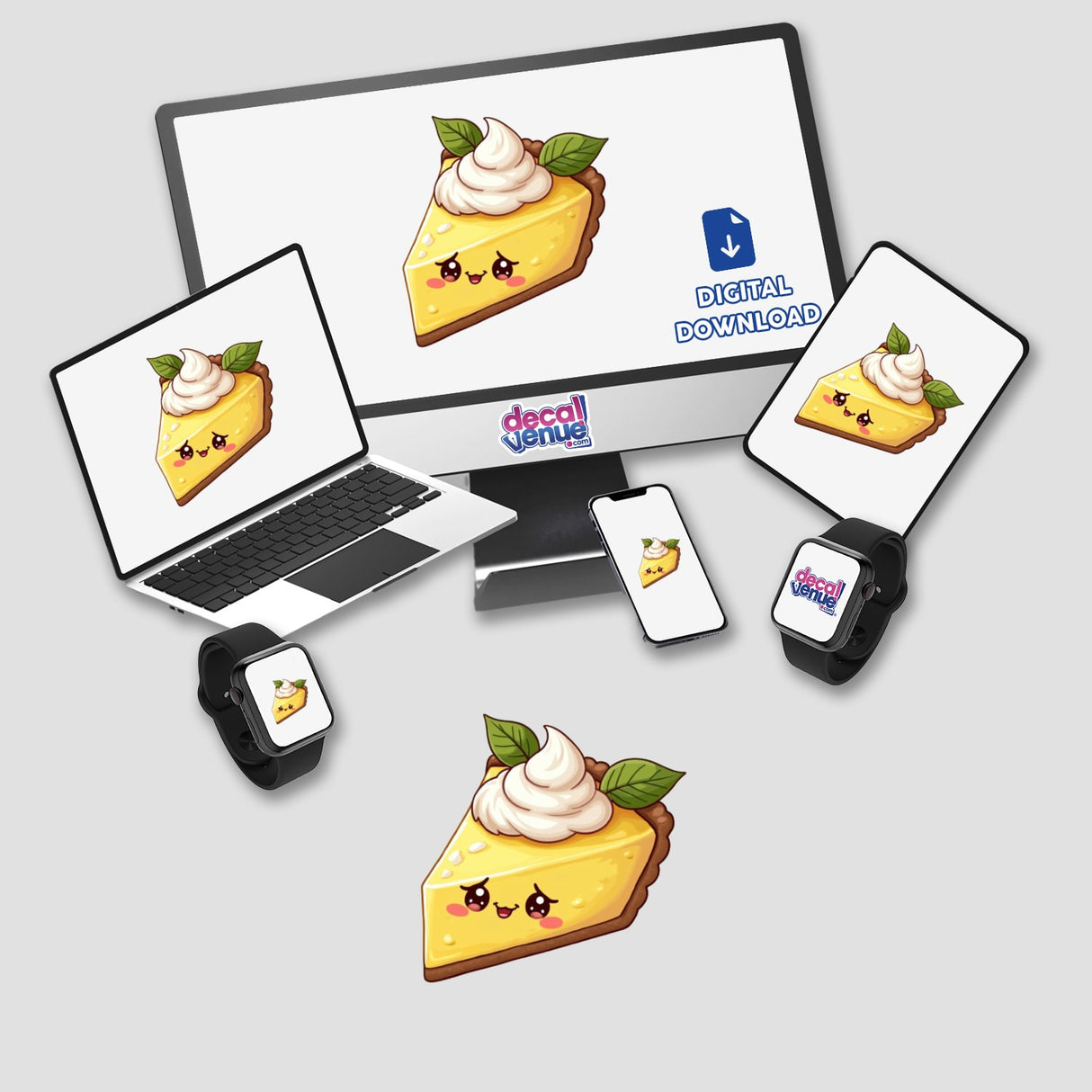 Kawaii Lemon Pie Slice Sticker depicted with a cute dessert design featuring a pie slice with a face and whipped cream, visible on a laptop screen, highlighting its charming and playful aesthetic.