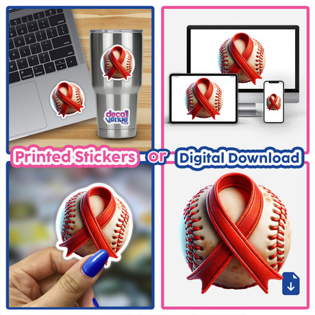 Baseball with a red ribbon, symbolizing AIDS awareness, showcased in a collage format. Part of Decal Venue's collection, available as stickers or digital artwork.