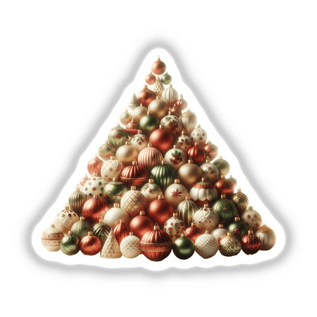 Christmas Ornament Pyramid available as Stickers or Digital Artwork, depicting a stack of festive ornaments, ideal for holiday decor. Perfect for adding a unique touch from Decal Venue.