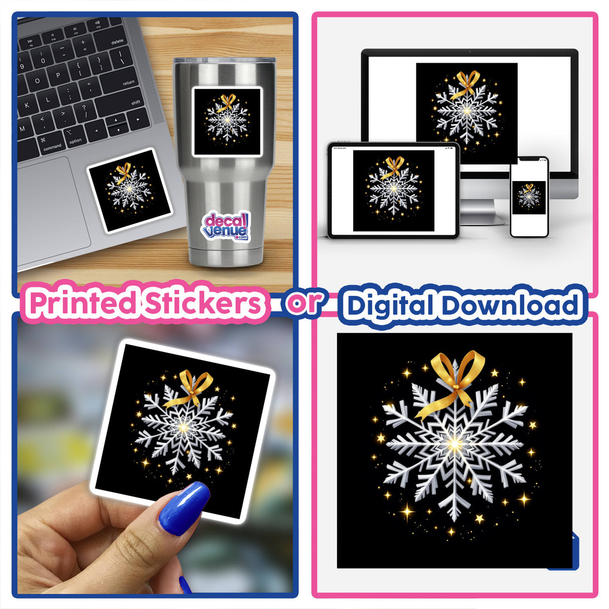 Silver Snowflake with Gold Ribbon and Twinkling Lights featured on a laptop screen, showcasing its availability as stickers or digital artwork, embodying the unique offerings of Decal Venue.