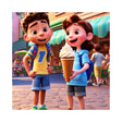 Cartoon character holding a giant ice cream cone, wearing a backpack and yellow pants. Available as digital artwork.