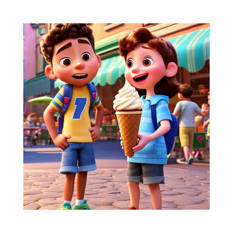 Cartoon character holding a giant ice cream cone, wearing a backpack and yellow pants. Available as digital artwork.