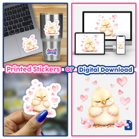 Sleeping Chick with Heart Petals: a charming sticker featuring a serene chick surrounded by heart petals, perfect for adding warmth and joy to your belongings or digital collection.