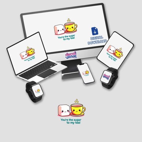 You're The Sugar To My Tea Funny Love Quote on computer and laptop screens, featuring whimsical cartoon faces, available as stickers or digital artwork from Decal Venue.