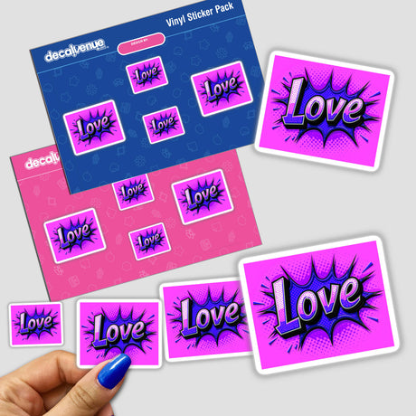 Love Valentine's Day sticker set featuring text and designs, ideal for decorating surfaces or as digital artwork. A hand interacts with one sticker, highlighting its tactile appeal.
