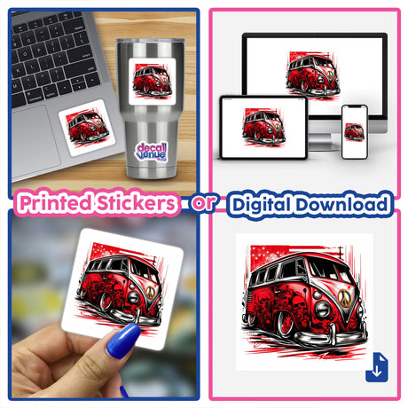 Red VW bus digital artwork featured on variety of products including laptop, mug, and stickers in the Decal Venue store.
