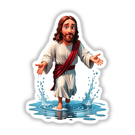 Funny Jesus Christ Walking On Water cartoon features a long-haired man with a crown, wearing a robe, stepping on water with splashes, available as stickers or digital artwork.