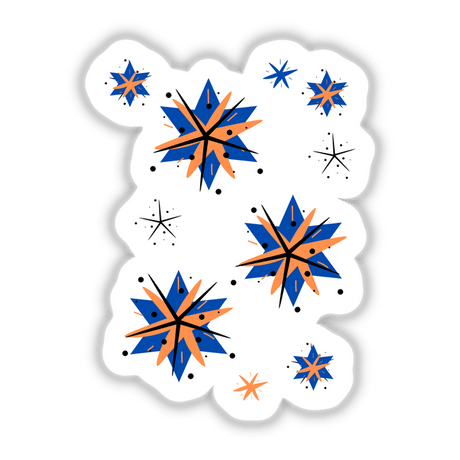 Stars, orange, blue, black: Intricate design featuring blue and orange stars with black dots, available as stickers or digital artwork. Perfect for adding a creative touch to any surface or project.