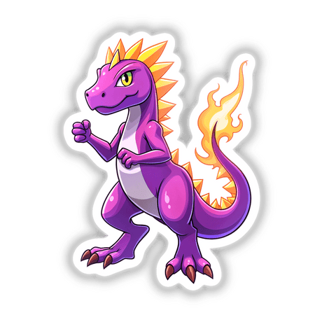 Dino Fighter - Blaze Tyranno cartoon illustration featuring a purple dragon with a dynamic pose, available as unique stickers or digital artwork from Decal Venue.