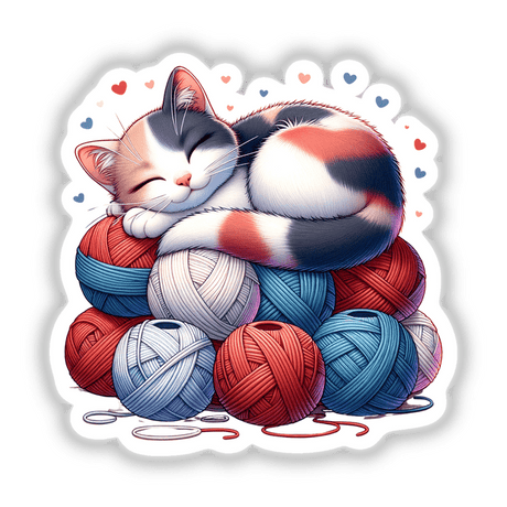 Calico Cat Curled Up on Red White and Blue Yarn Balls