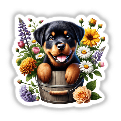 Rottweiler Dog Peeking Out of Flower Pot