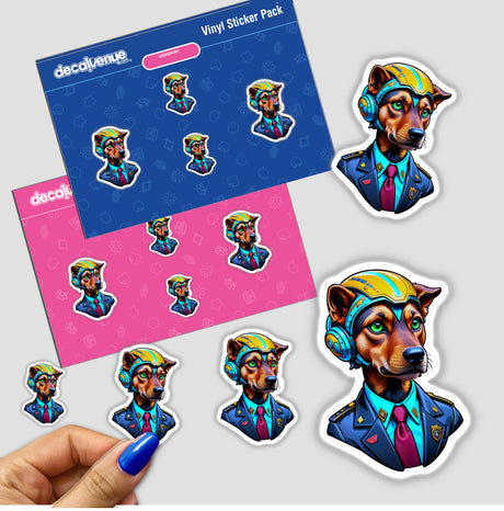 a hand holding a sticker of a dog wearing a suit and tie