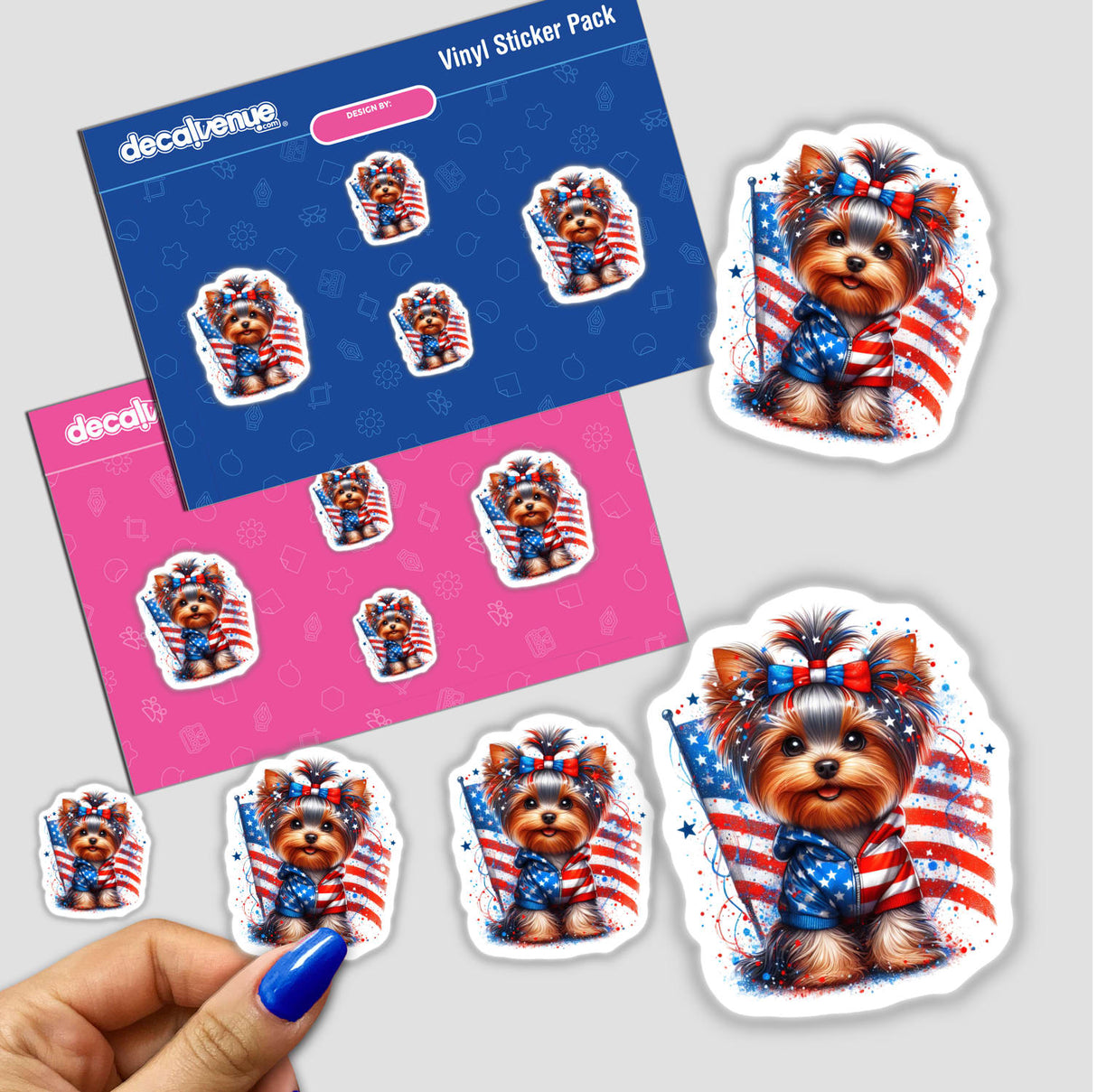 Patriotic Yorkie Dog American Flag - Colorful digital artwork featuring a cute Yorkie dog wearing patriotic accessories like an American flag bandana and bow.