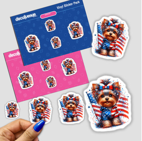 Patriotic Yorkie Dog American Flag - Colorful digital artwork featuring a cute Yorkie dog wearing patriotic accessories like an American flag bandana and bow.