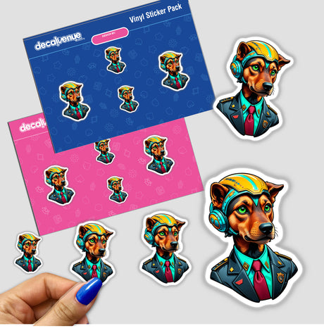 a sticker of a dog wearing a suit and tie