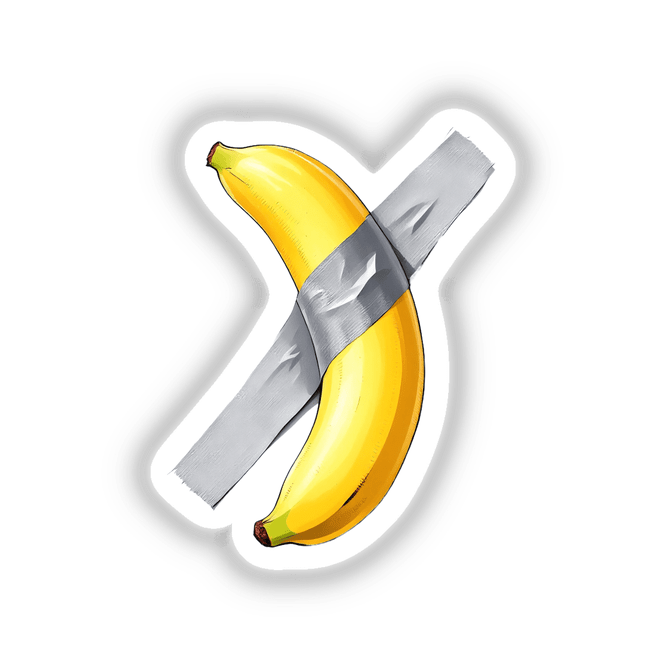 Funny Banana Taped Art: Image of a banana humorously secured with duct tape, available as unique stickers or digital artwork from Decal Venue, showcasing their quirky and distinctive product offerings.