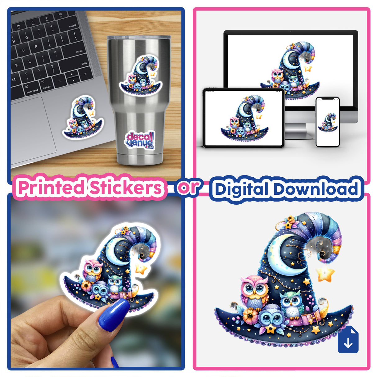 Halloween Hat with Owls and Stars sticker featuring a cartoon owl wearing a hat adorned with stars and a moon, available as a sticker or digital artwork from Decal Venue.