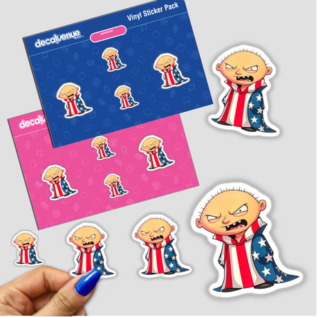 Cartoon stickers of a man in a red, white, and blue striped robe titled A Funny Guy With An American Flag, available as stickers or digital artwork.