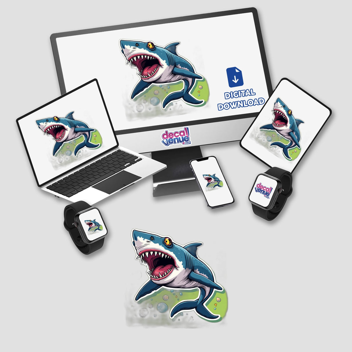 Mestre Tuba sticker on a laptop and computer monitor, featuring a cartoon shark with its mouth open. Available as stickers or digital artwork from Decal Venue.
