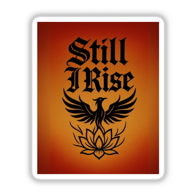 Still I Rise Sticker or Clipart features a black bird with a lotus flower on a red background, embodying phoenix resilience, offered by Decal Venue for unique vinyl stickers and digital art.