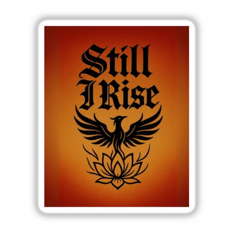 Still I Rise Sticker or Clipart features a black bird with a lotus flower on a red background, embodying phoenix resilience, offered by Decal Venue for unique vinyl stickers and digital art.