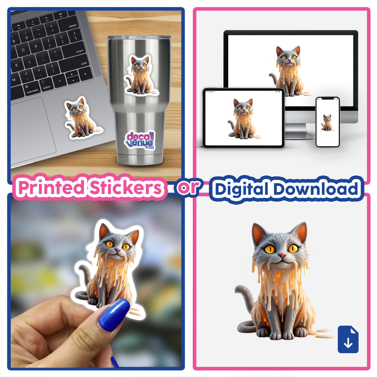 Cat Dripping Candle Wax: A digital artwork collage featuring a cat with melted yellow liquid detail, available as unique stickers or digital art from Decal Venue.
