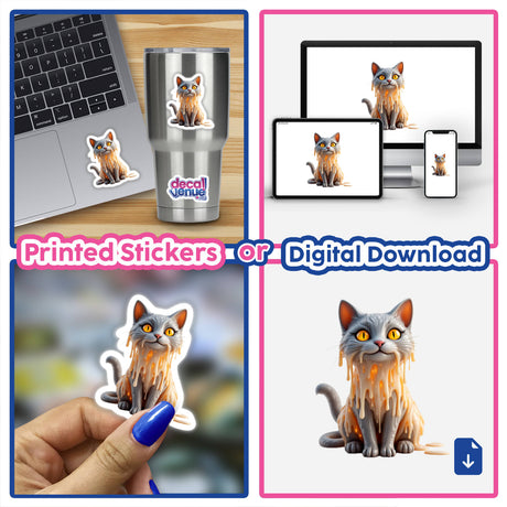 Cat Dripping Candle Wax: A digital artwork collage featuring a cat with melted yellow liquid detail, available as unique stickers or digital art from Decal Venue.