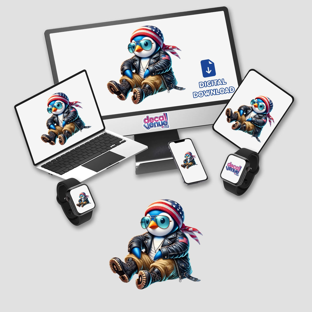 Patriotic Leather Penguin Aviator Sunglasses featured on a computer monitor and laptop screen, showcasing a cartoon penguin character. Available as stickers or digital artwork.