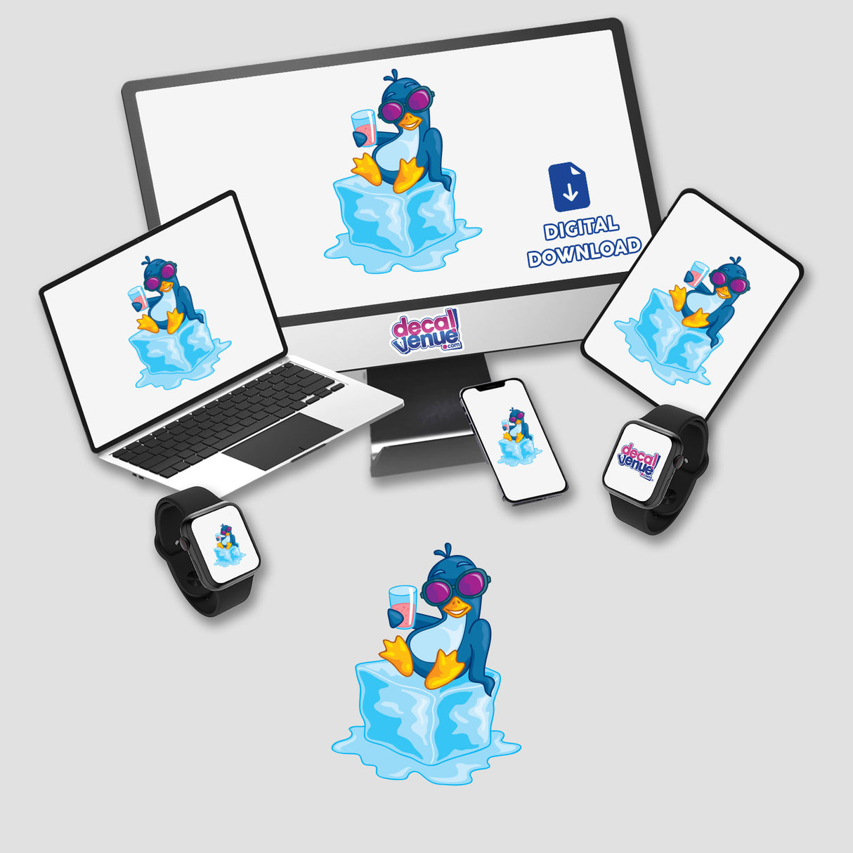 Penguin On Ice sticker, featuring a cartoon penguin sitting on an iceberg. Displayed on various devices, highlighting its versatility. Available as a pack or single stickers.