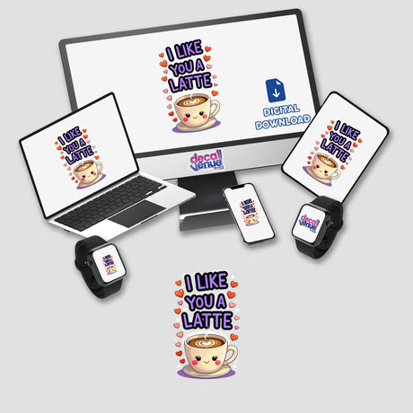 I Like You A Latte Funny Love Quote sticker, featuring cartoon coffee cups with heart-shaped foam, displayed on a laptop and phone screens, available as vinyl stickers or digital artwork.
