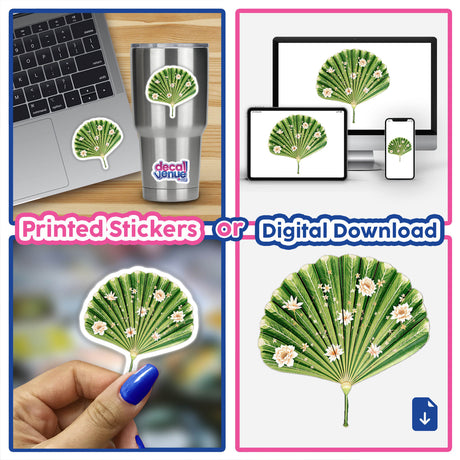 Chinoiserie Fan Leaf Palm sticker collage featuring applications on a cup, laptop, and hand, highlighting its versatility and intricate floral design, available as stickers or digital artwork.