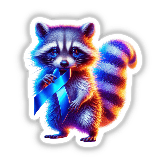 Raccoon Blue Ribbon Colon Cancer Awareness design features a raccoon holding a blue ribbon, available as unique stickers or digital artwork, reflecting Decal Venue's creative offerings.