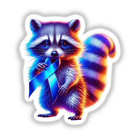 Raccoon Blue Ribbon Colon Cancer Awareness design features a raccoon holding a blue ribbon, available as unique stickers or digital artwork, reflecting Decal Venue's creative offerings.