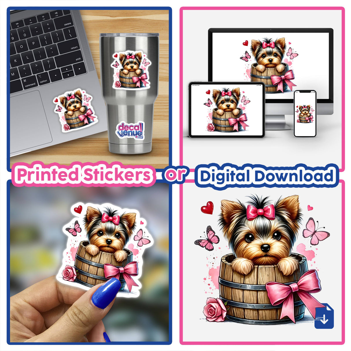 Yorkie Dog in a Barrel vinyl sticker collage featuring a cartoon dog in a barrel, seen on a laptop and cup, highlighting Decal Venue's unique sticker collection.